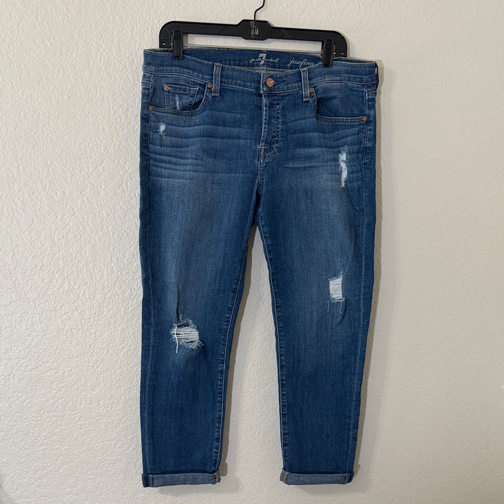 7 For All Mankind Dark Blue Distressed Cropped Jeans